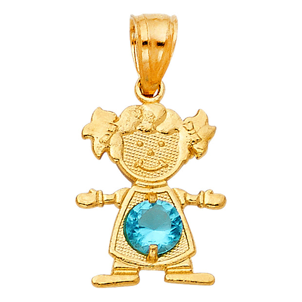 14K Gold Birthstone CZ Girl Charm Pendant with 2mm Figaro 3+1 Chain Necklace