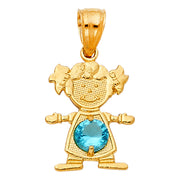 14K Gold Birthstone CZ Girl Charm Pendant with 0.9mm Singapore Chain Necklace