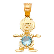 14K Gold March Birthstone CZ Boy Charm Pendant with 1.2mm Flat Open Wheat Chain Necklace