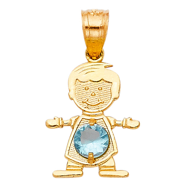14K Gold March Birthstone CZ Boy Charm Pendant with 1.2mm Flat Open Wheat Chain Necklace