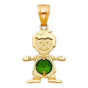 14K Gold May Birthstone CZ Boy Charm Pendant with 2mm Figaro 3+1 Chain Necklace