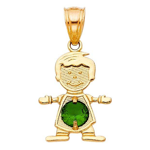 14K Gold May Birthstone CZ Boy Charm Pendant with 0.9mm Singapore Chain Necklace