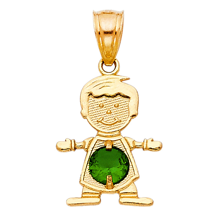 14K Gold May Birthstone CZ Boy Charm Pendant with 0.9mm Singapore Chain Necklace