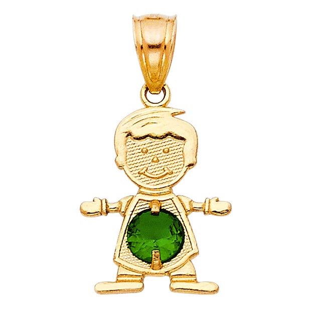 14K Gold May Birthstone CZ Boy Charm Pendant with 1.2mm Flat Open Wheat Chain Necklace