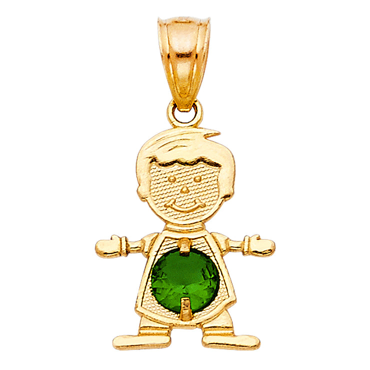 14K Gold May Birthstone CZ Boy Charm Pendant with 1.2mm Flat Open Wheat Chain Necklace
