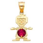 14K Gold July Birthstone CZ Boy Charm Pendant with 1.2mm Flat Open Wheat Chain Necklace