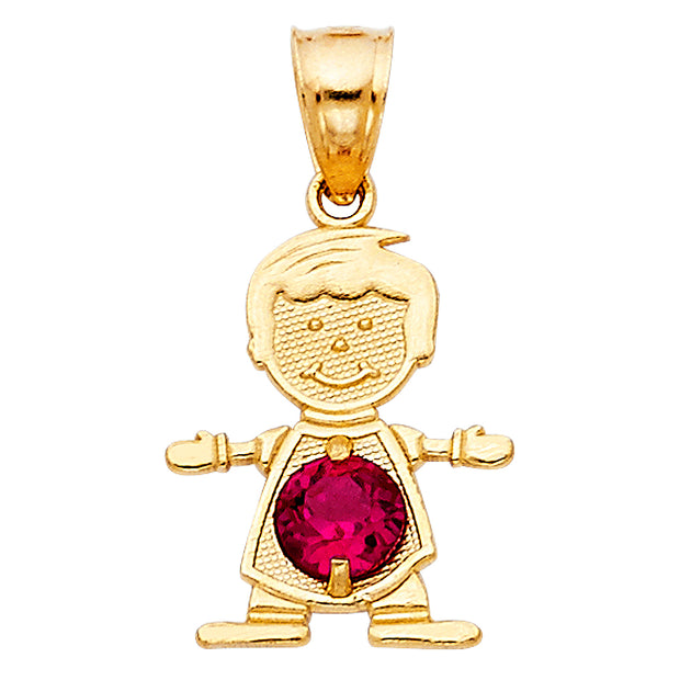 14K Gold July Birthstone CZ Boy Charm Pendant with 0.9mm Singapore Chain Necklace