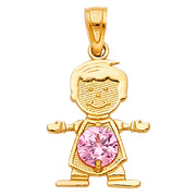 14K Gold October Birthstone CZ Boy Charm Pendant with 1.2mm Flat Open Wheat Chain Necklace