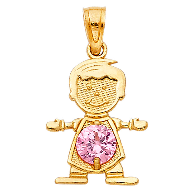 14K Gold October Birthstone CZ Boy Charm Pendant with 1.2mm Flat Open Wheat Chain Necklace