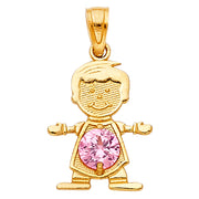 14K Gold October Birthstone CZ Boy Charm Pendant with 2mm Figaro 3+1 Chain Necklace