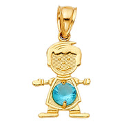 14K Gold Birthstone CZ Boy Charm Pendant with 1.2mm Flat Open Wheat Chain Necklace