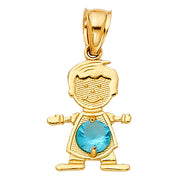 14K Gold Birthstone CZ Boy Charm Pendant with 0.9mm Singapore Chain Necklace