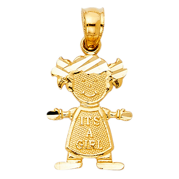 14K Gold Girl Charm Pendant with 2mm Figaro 3+1 Chain Necklace
