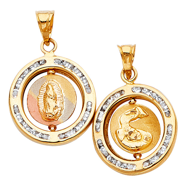 14K Gold Double Sided Round Religious Charm Pendant with 0.8mm Box Chain Necklace