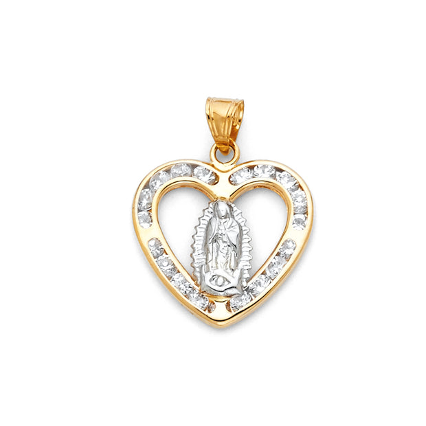 14K Gold Guadalupe CZ Charm Pendant with 0.9mm Singapore Chain Necklace