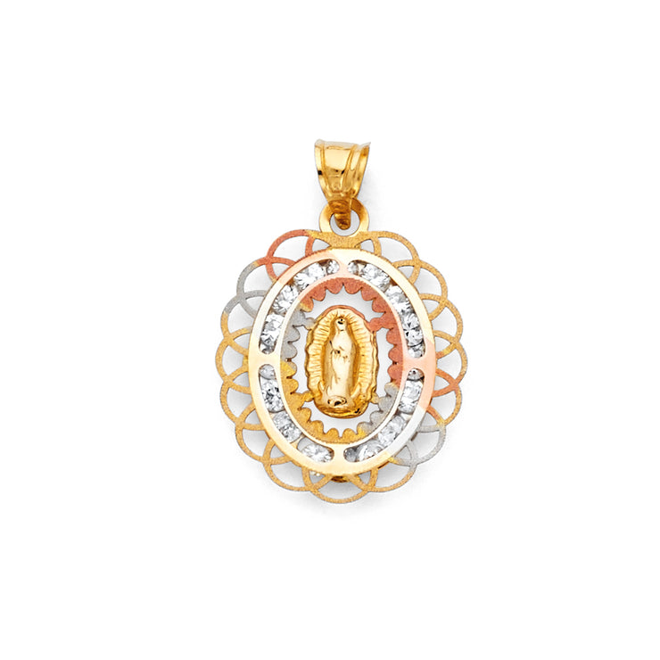 14K Gold Guadalupe CZ Pendant with 2mm Figaro 3+1 Chain