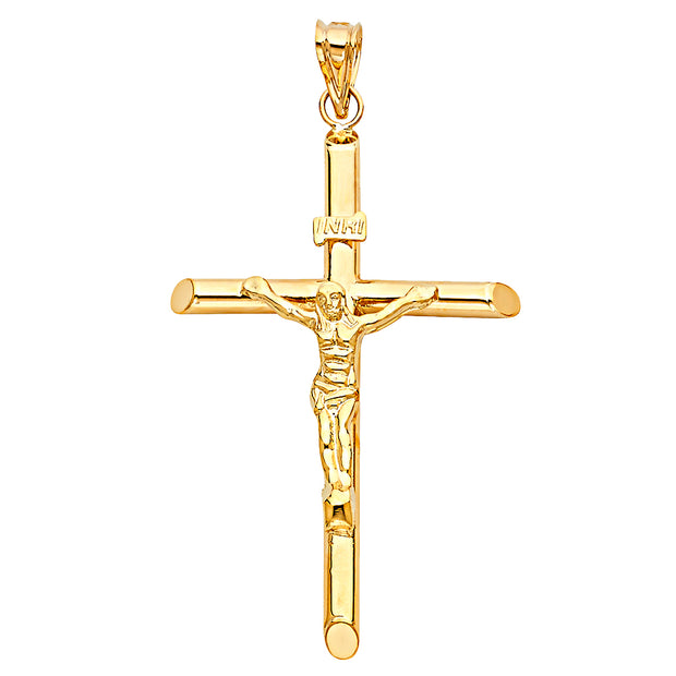 14K Gold Crucifix Pendant with 2mm Flat Open Wheat Chain