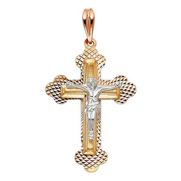 14K Gold Crucifix Pendant with 1.5mm Flat Open Wheat Chain