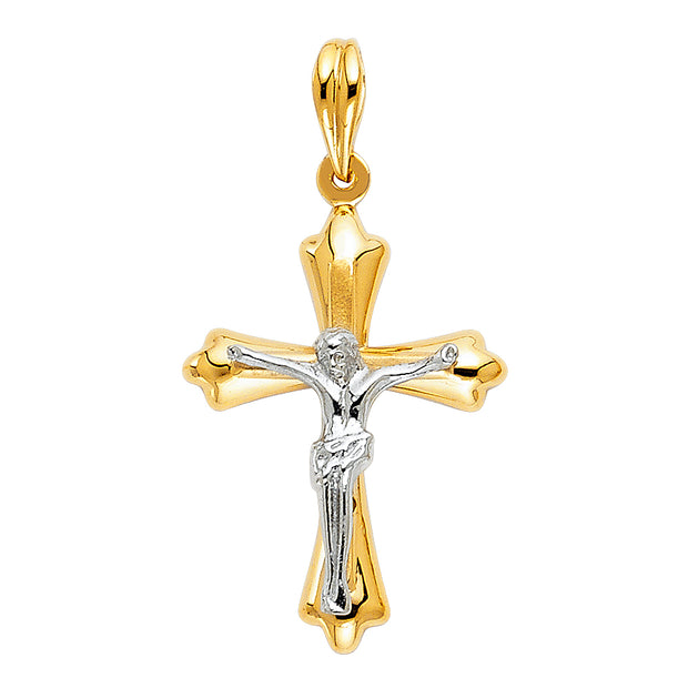 14K Gold Crucifix Pendant with 1.5mm Flat Open Wheat Chain