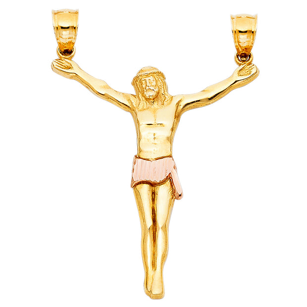 14K Gold Jesus Body Crucifix Cross Charm Pendant with 1.4mm Round Wheat Chain Necklace