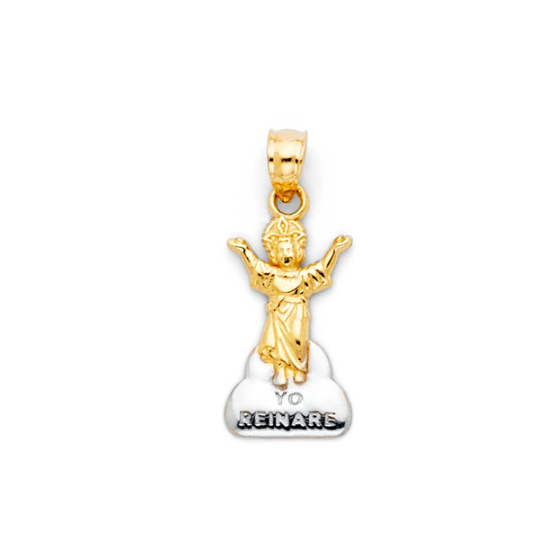 14K Gold Praying Jesus Yo Reinare Charm Pendant with 0.9mm Wheat Chain Necklace