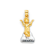 14K Gold Praying Jesus Yo Reinare Pendant with 2mm Figaro 3+1 Chain