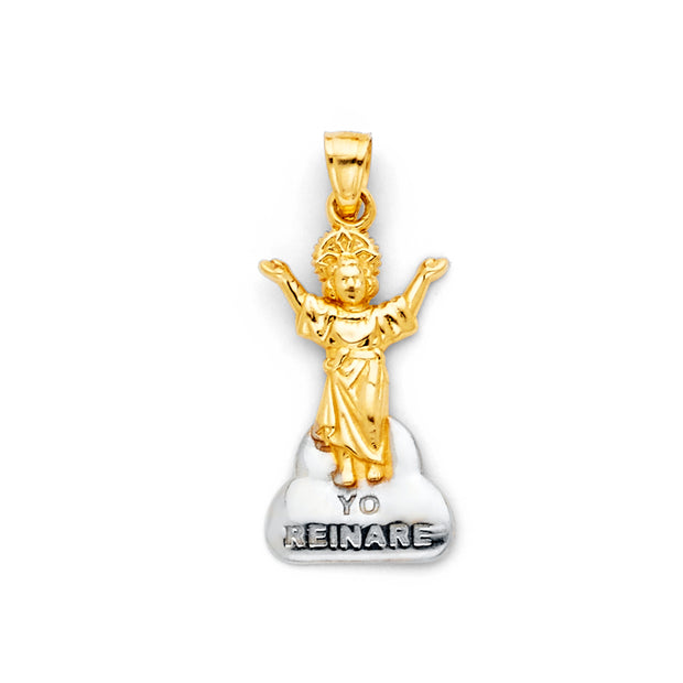 14K Gold Praying Jesus Yo Reinare Pendant with 1.5mm Flat Open Wheat Chain