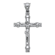 14K Gold CZ Crucifix Charm Pendant with 1.4mm Round Wheat Chain Necklace