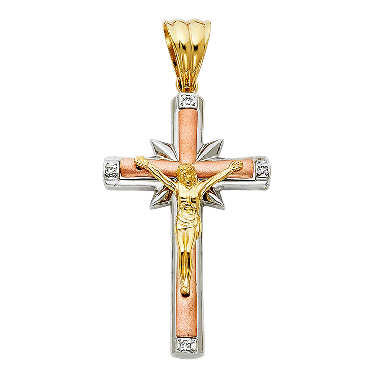 14K Gold CZ Crucifix Pendant with 3.4mm Hollow Cuban Chain