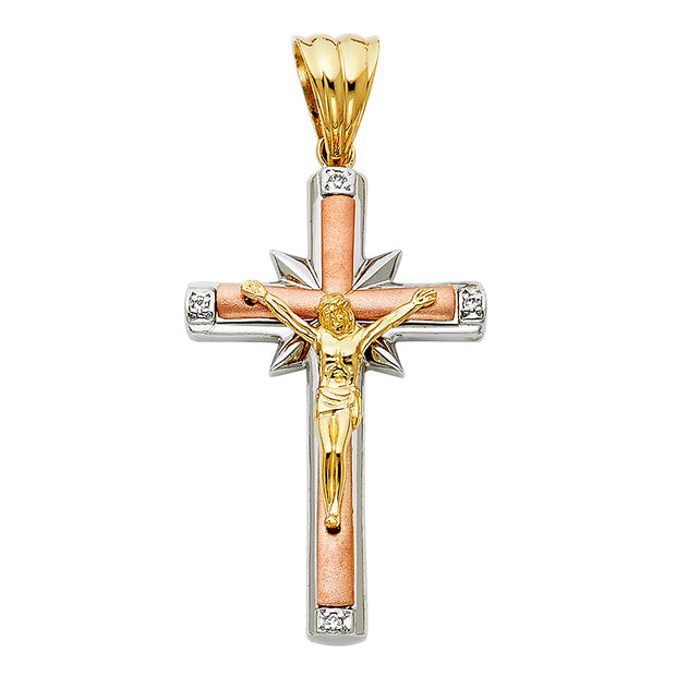 14K Gold CZ Crucifix Pendant with 4.2mm Valentino Star Diamond Cut Chain