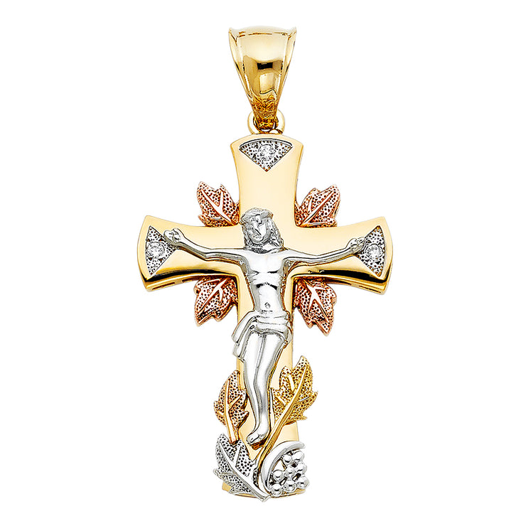 14K Gold CZ Crucifix Pendant with 3.4mm Hollow Cuban Chain