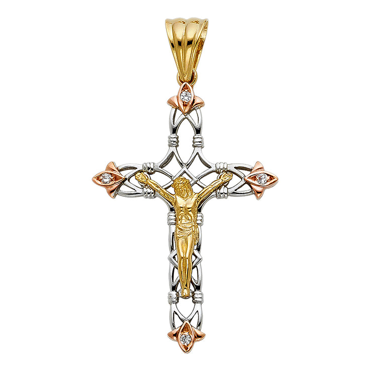 14K Gold CZ Crucifix Pendant with 3.4mm Hollow Cuban Chain