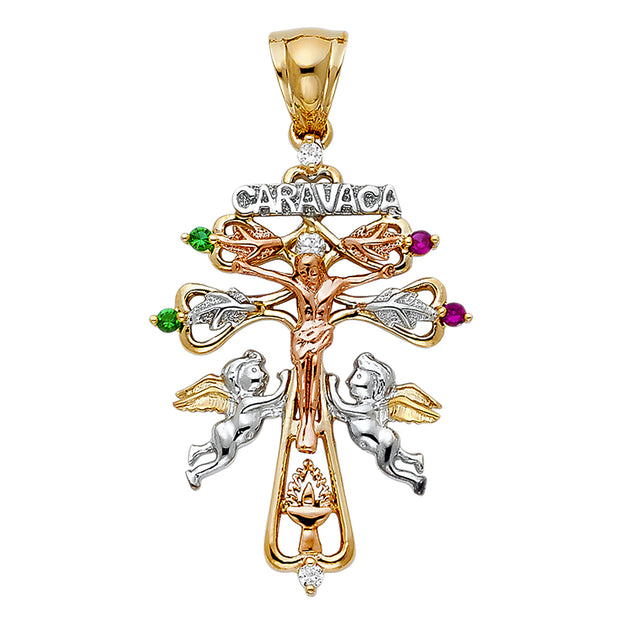 14K Gold CZ Religious Cross of Caravaca Charm Pendant with 1.2mm Box Chain Necklace