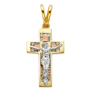 14K Gold CZ Religious Crucifix Charm Pendant with 1.2mm Box Chain Necklace