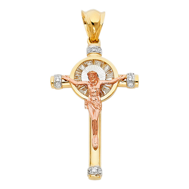 14K Gold CZ Crucifix Pendant with 4.2mm Valentino Star Diamond Cut Chain