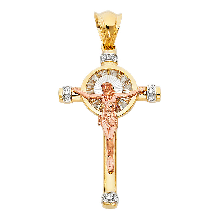 14K Gold CZ Crucifix Pendant with 3.4mm Hollow Cuban Chain