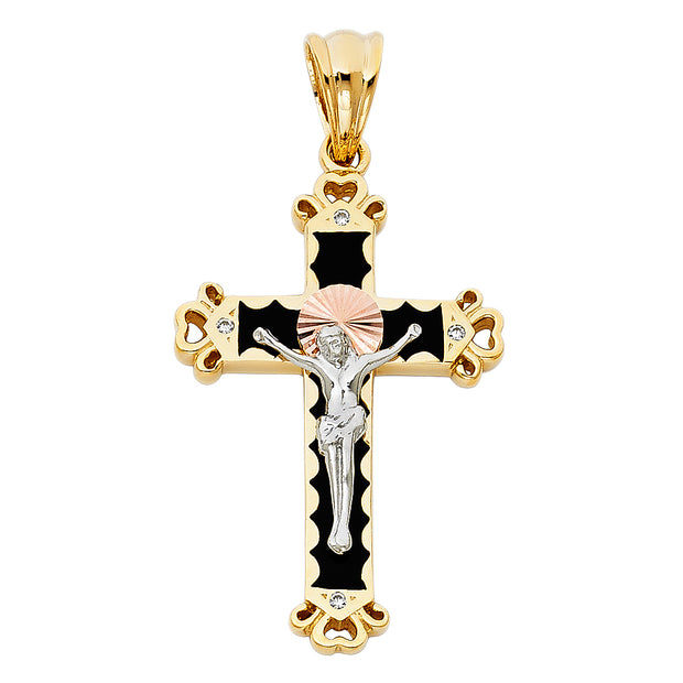 14K Gold CZ Crucifix Pendant with 1.7mm Flat Open Wheat Chain