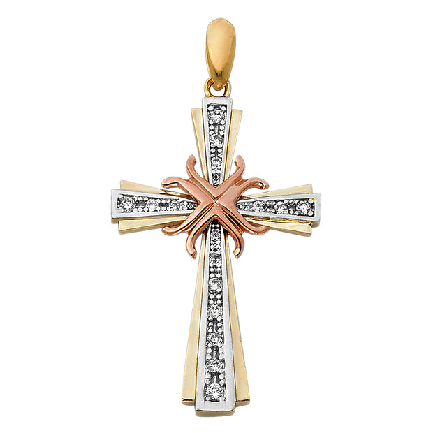 14K Gold CZ Cross Pendant with 3.4mm Hollow Cuban Chain