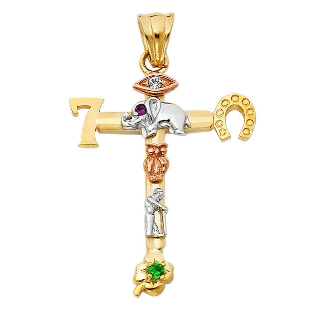 14K Gold Lucky Religious Cross Charm Pendant with 1.2mm Box Chain Necklace