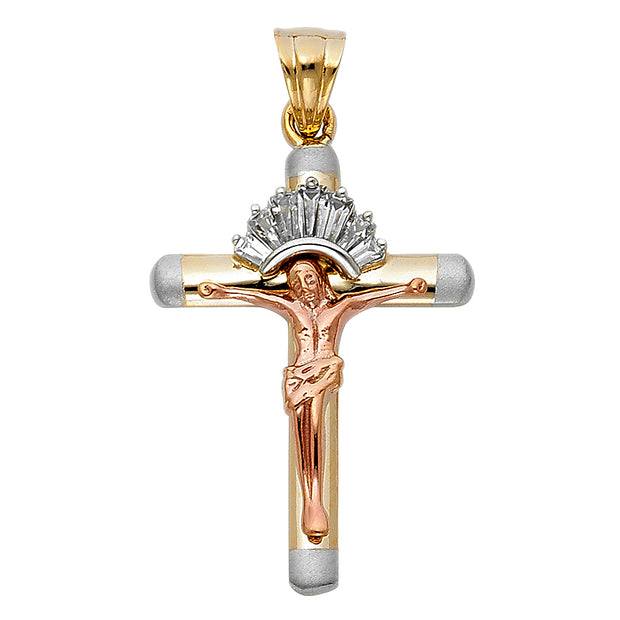 14K Gold CZ Religious Crucifix Charm Pendant with 1.2mm Box Chain Necklace