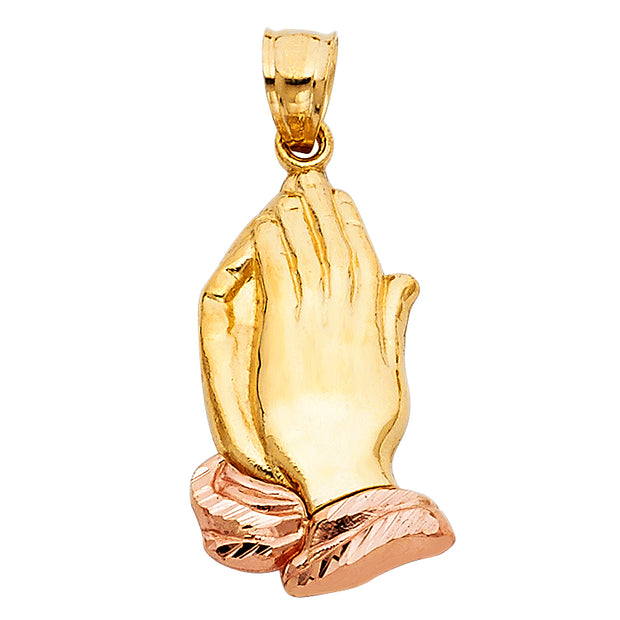 14K Gold Praying Hands Pendant with 1.5mm Flat Open Wheat Chain