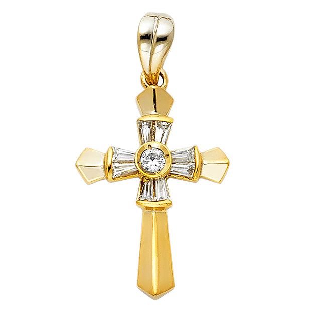 14K Gold CZ Religious Cross Charm Pendant with 1.2mm Box Chain Necklace