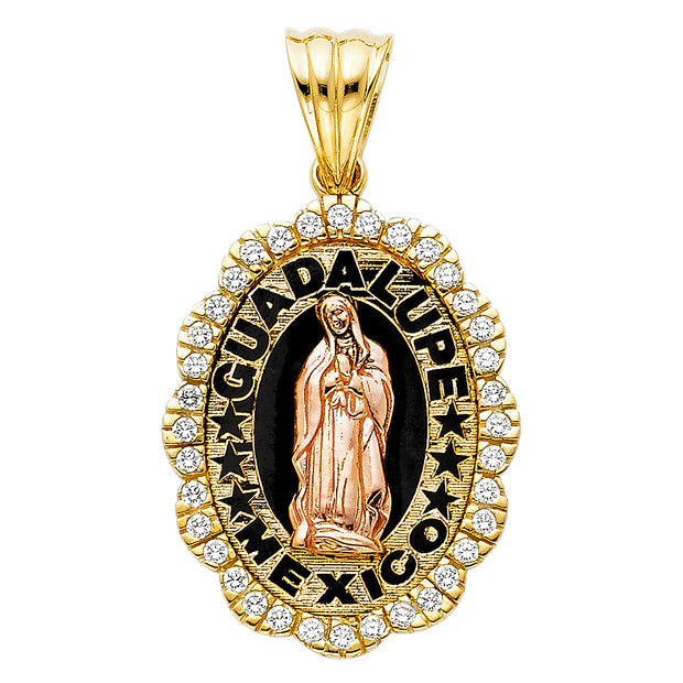 14K Gold CZ Guadalupe Charm Pendant with 1.4mm Round Wheat Chain Necklace