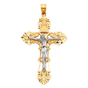 14K Gold Crucifix Charm Pendant with 2mm Flat Open Wheat Chain Necklace