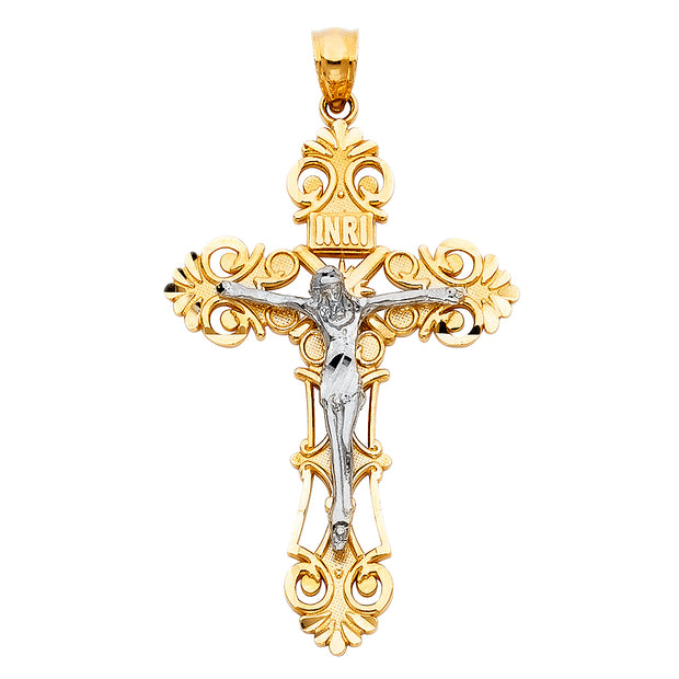 14K Gold Crucifix Charm Pendant with 3.8mm Figaro 3+1 Chain Necklace