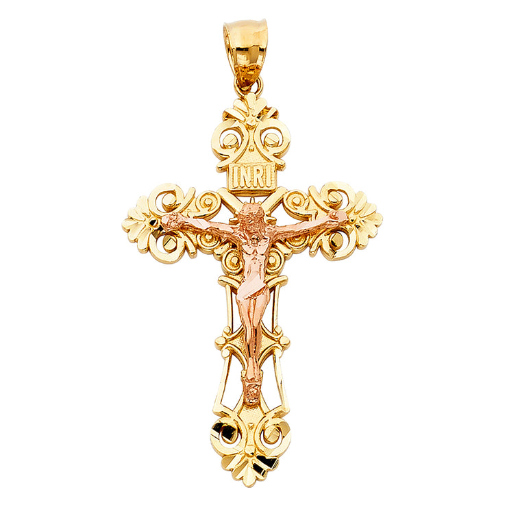 14K Gold Crucifix Charm Pendant with 2mm Flat Open Wheat Chain Necklace