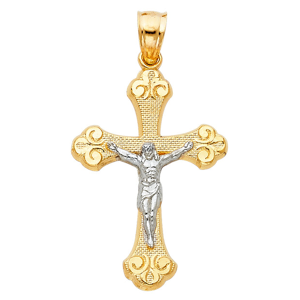 14K Gold Crucifix Charm Pendant with 3.1mm Figaro 3+1 Chain Necklace