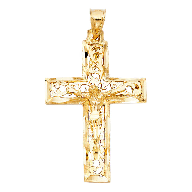 14K Gold Crucifix Charm Pendant with 3.1mm Figaro 3+1 Chain Necklace