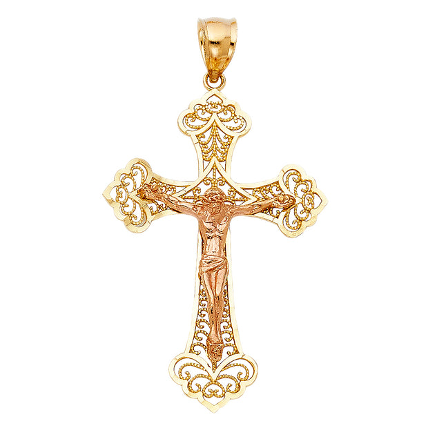 14K Gold Crucifix Charm Pendant with 1.7mm Flat Open Wheat Chain Necklace