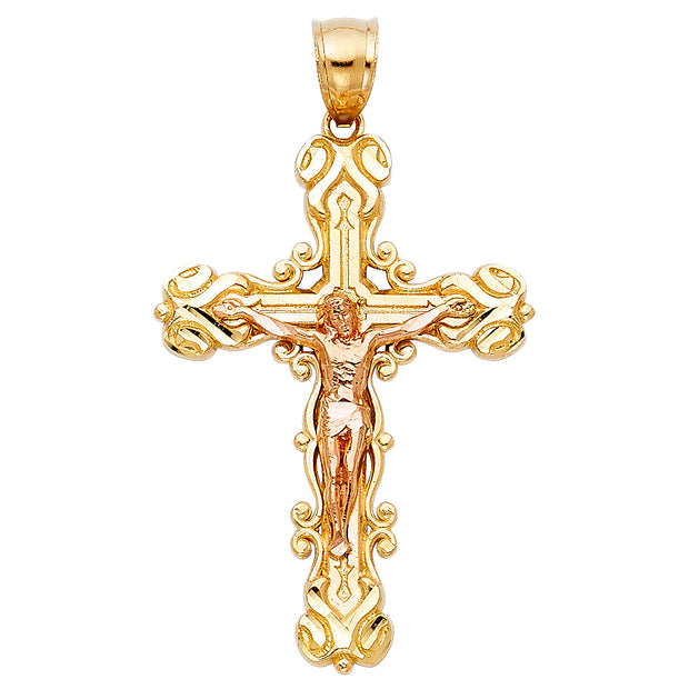 14K Gold Crucifix Charm Pendant with 1.4mm Round Wheat Chain Necklace